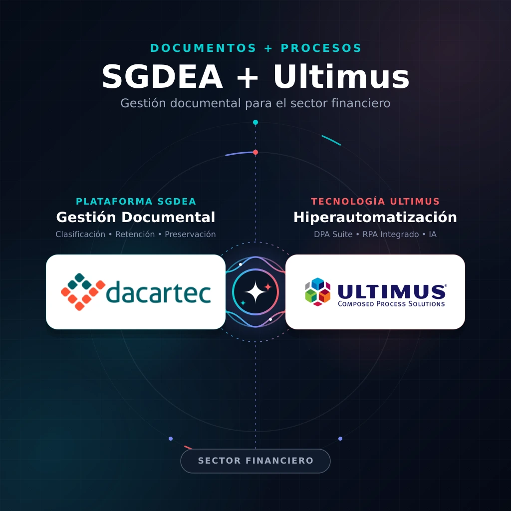 Logos de Dacartec y Ultimus conectados en una composición sobre SGDEA y automatización para el sector financiero.