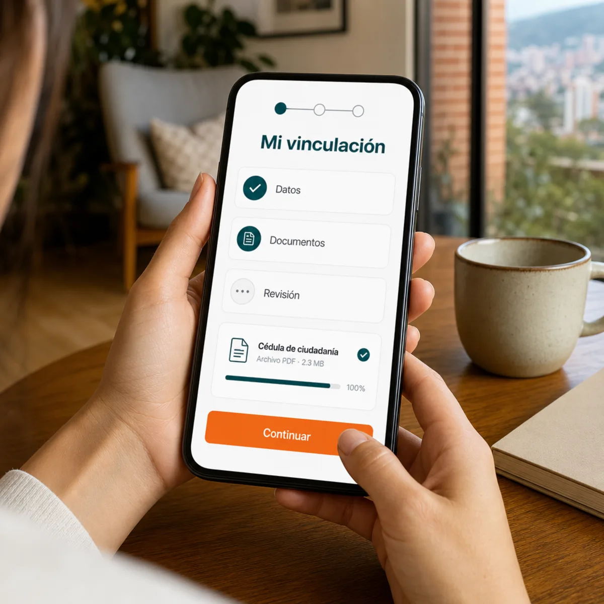 Visualización conceptual de una persona cargando documentos de vinculación a un seguro desde su celular.