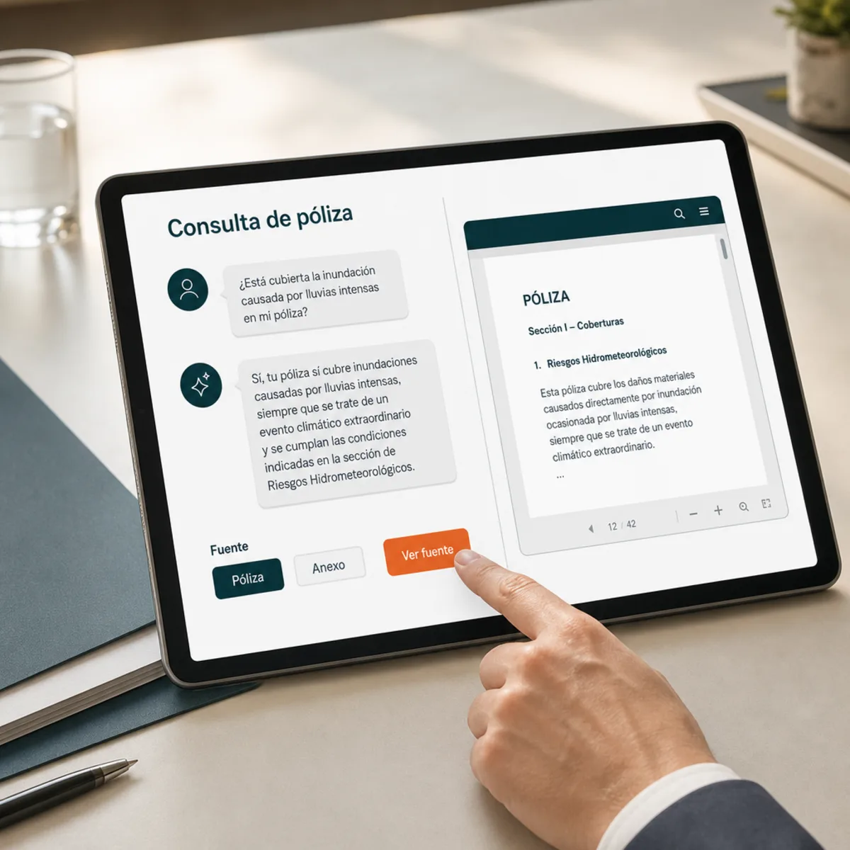 Visualización conceptual de un asesor consultando una póliza en una tableta con acceso al documento y al anexo de referencia.