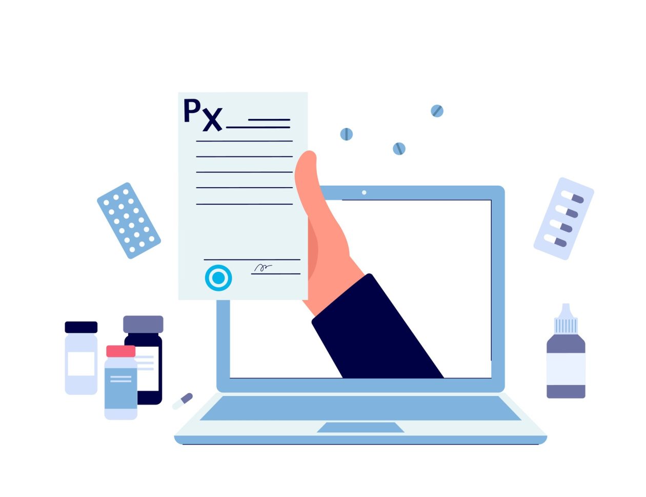 Medical prescription flat drawing set - doctor signing document, holding paper form, standing in pharmacy and giving medicine recommendation online, isolated vector illustration