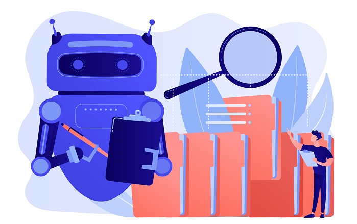 Robot doing repeatable tasks with a lot of folders and magnifier. Robotic process automation, service robots profit, automated processing concept. Pinkish coral bluevector isolated illustration