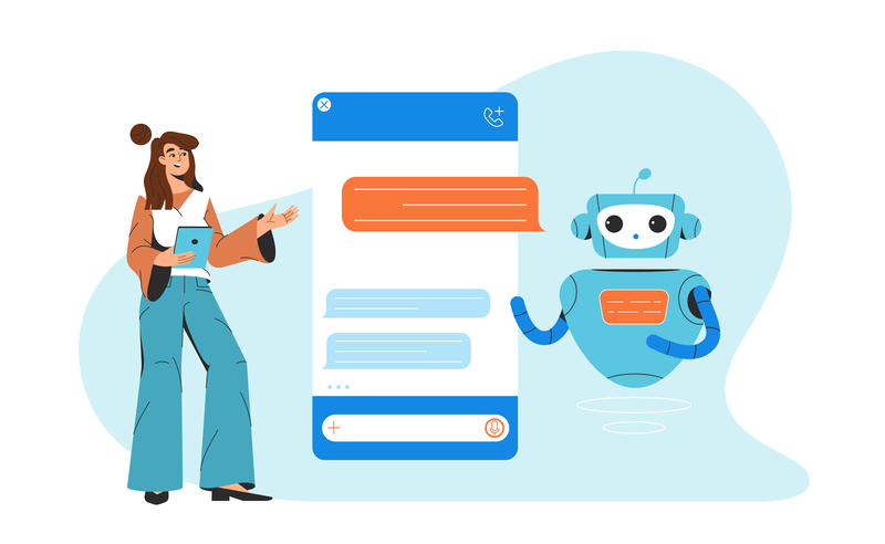 Flat woman chatting with chatbot, communicating AI robot assistant Chatbot technology. Flat woman chatting and communicating with artificial intelligence. Smartphone interface with chat bot dialog message icons at screen. AI robot assistant, online customer support.